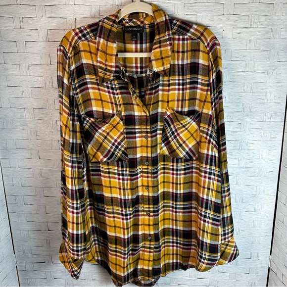 Lane Bryant plaid button down roll tab sleeve yellow brown fall outdoor plus siz - Picture 1 of 10